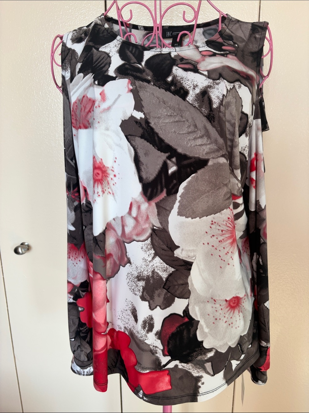 INC International Concepts Black, White & Pink Floral Cold-Shoulder Top